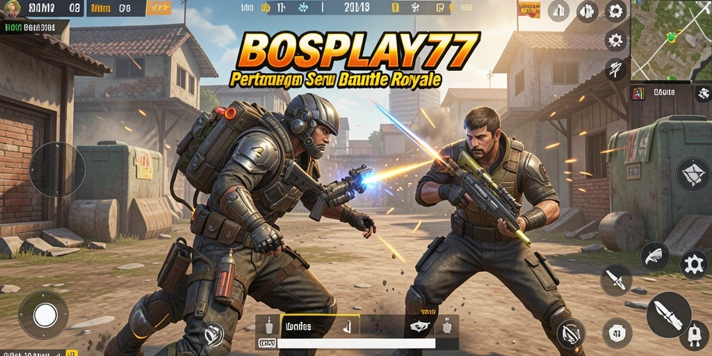 Screenshot utama BOSPLAY77 menampilkan aksi intens dalam pertempuran Battle Royale.
