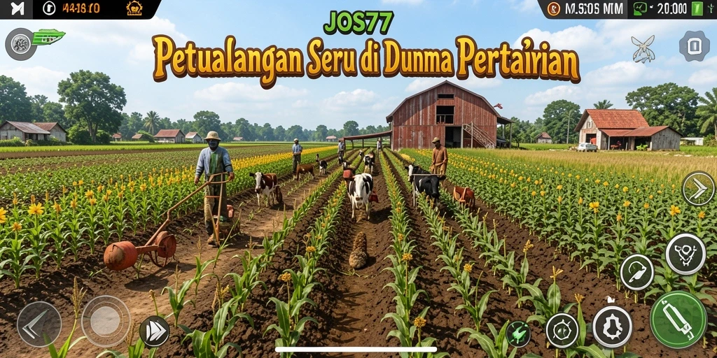 Screenshot gameplay JOS77 menampilkan kebun yang rimbun dan aktivitas bertani.