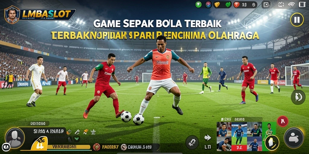 Screenshot menarik dari gameplay LMBASLOT yang menggambarkan aksi sepak bola.